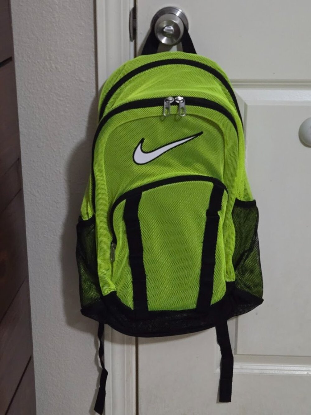 Nike Brasilia Mesh Backpack Neon Volt Green Black White Swoosh Repaired
